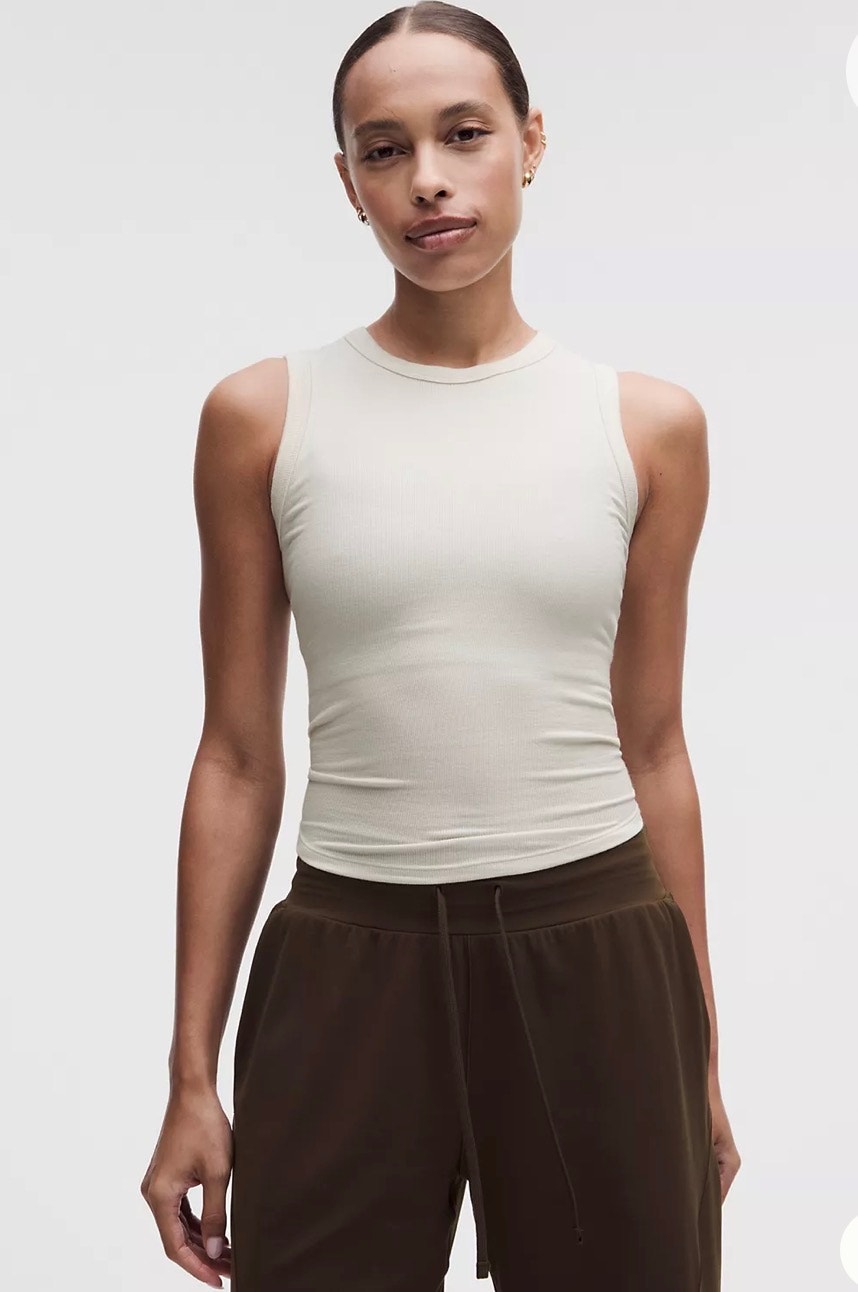 Lululemon Hold Tight Crew Neck Tank Top Waist Length Size 4 White Ribbed